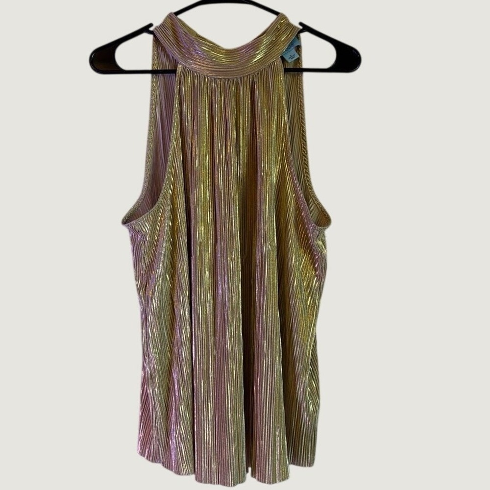 CeCe‎ Gold Metallic Pleated Halter Top Tie Back Sleeveless Blouse Womens Large